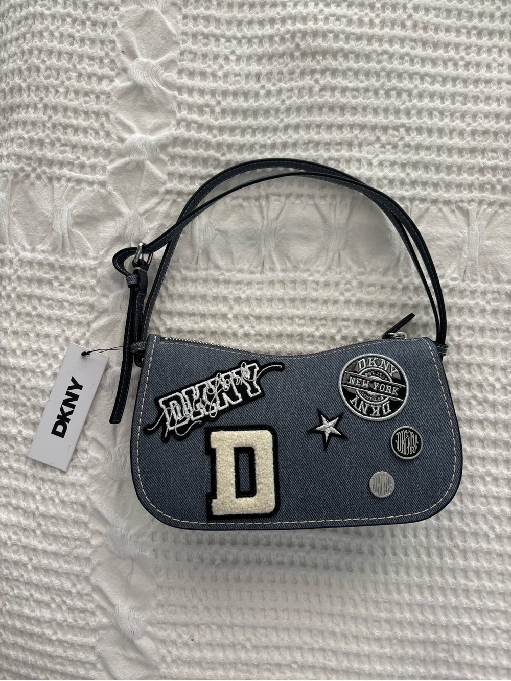 DKNY Denim Patch Crossbody Bag in Dark Blue with Black Strap
